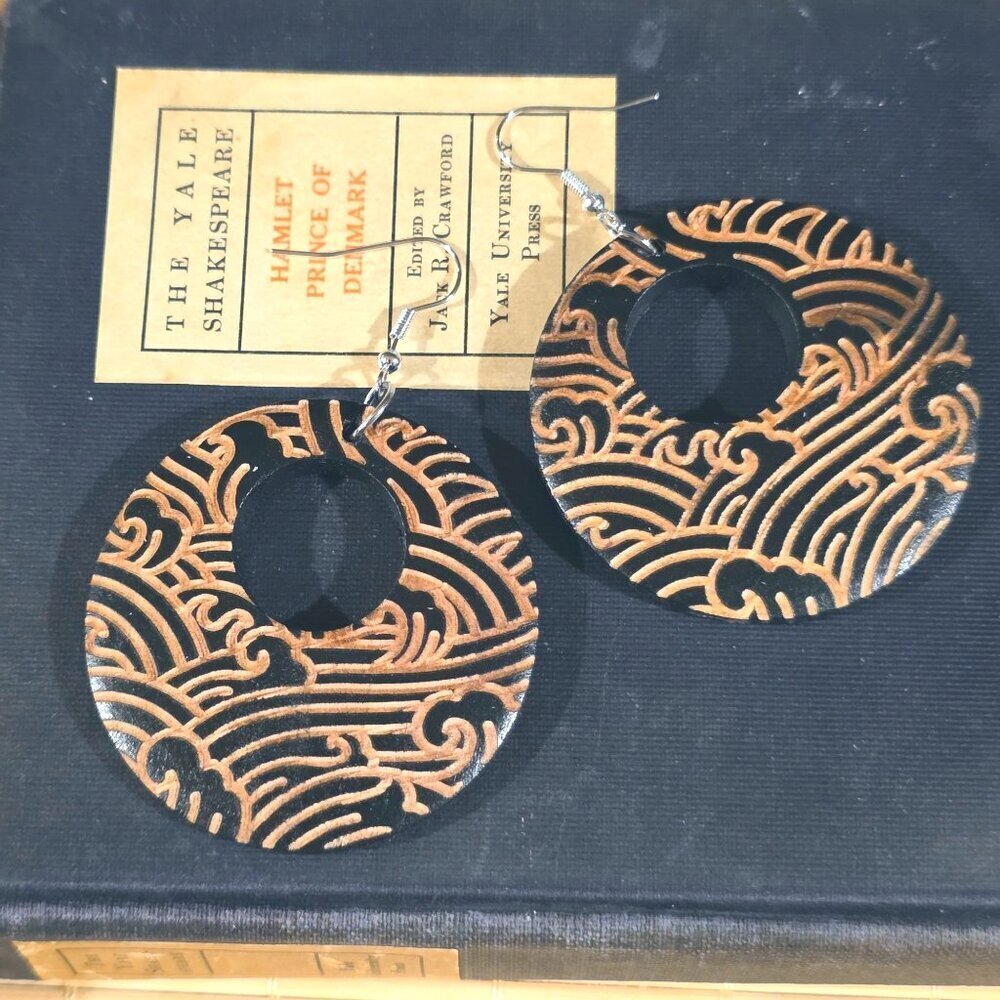 Tribal Style Swirling Winds Artsy Black Tan Laser Etched Handmade Wood Earrings